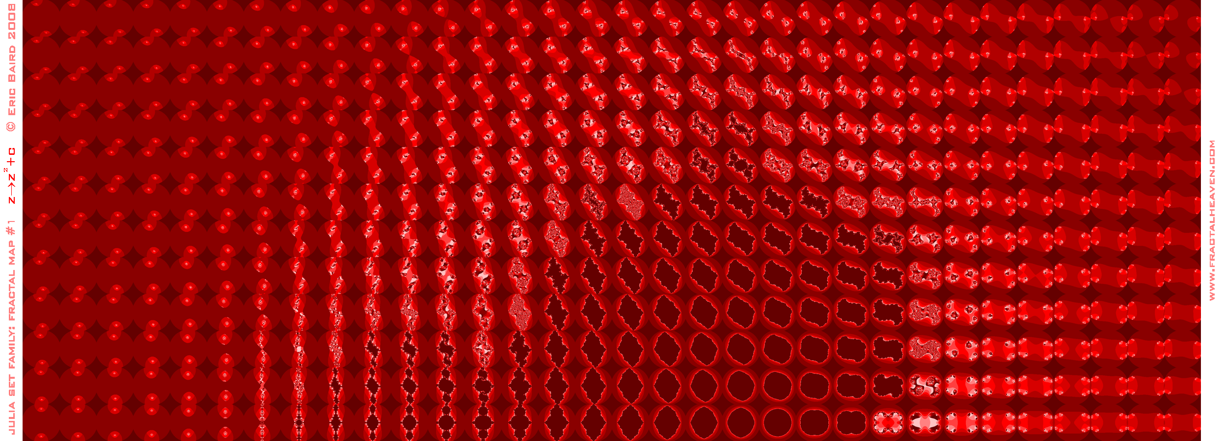table-array of Julia Set fractal images, for z-squared, in red