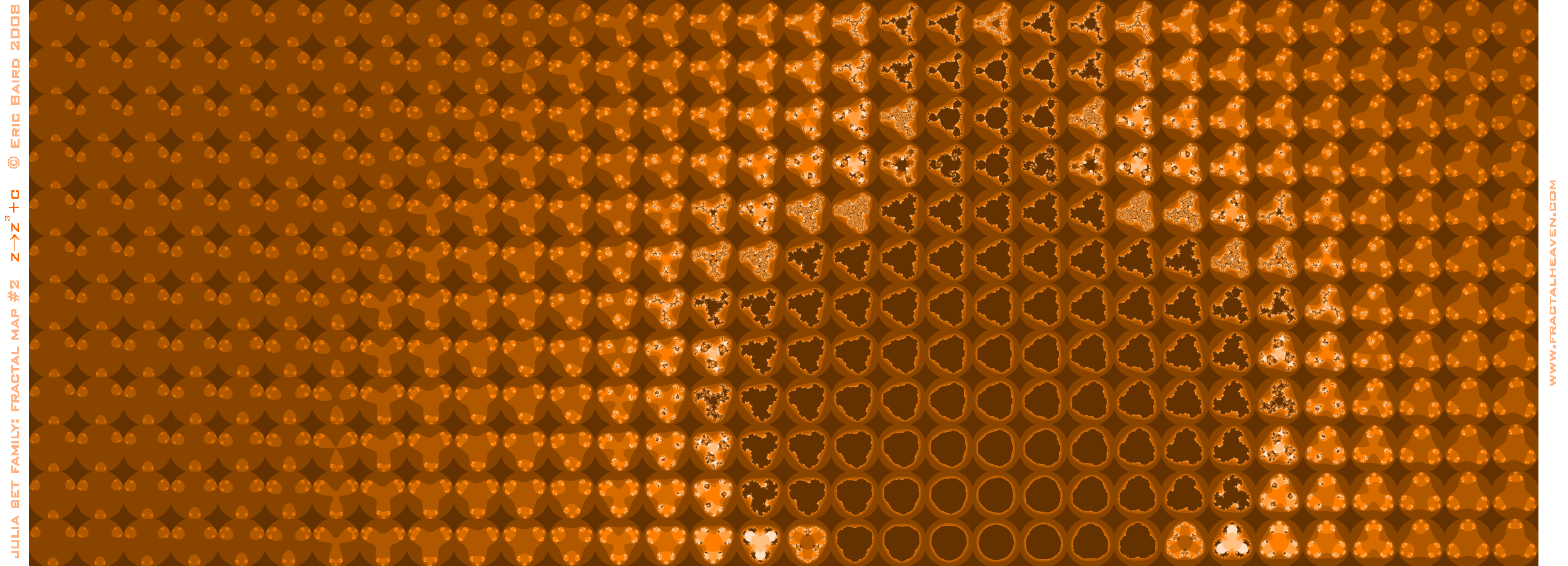 table-array of Julia Set fractal images, for z-cubed, in orange