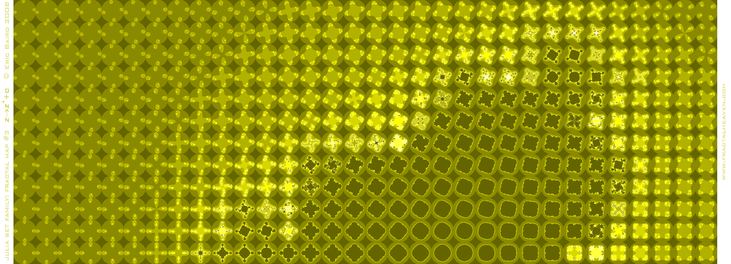 table-array of Julia Set fractal images, for z raised to the fourth power, in yellow