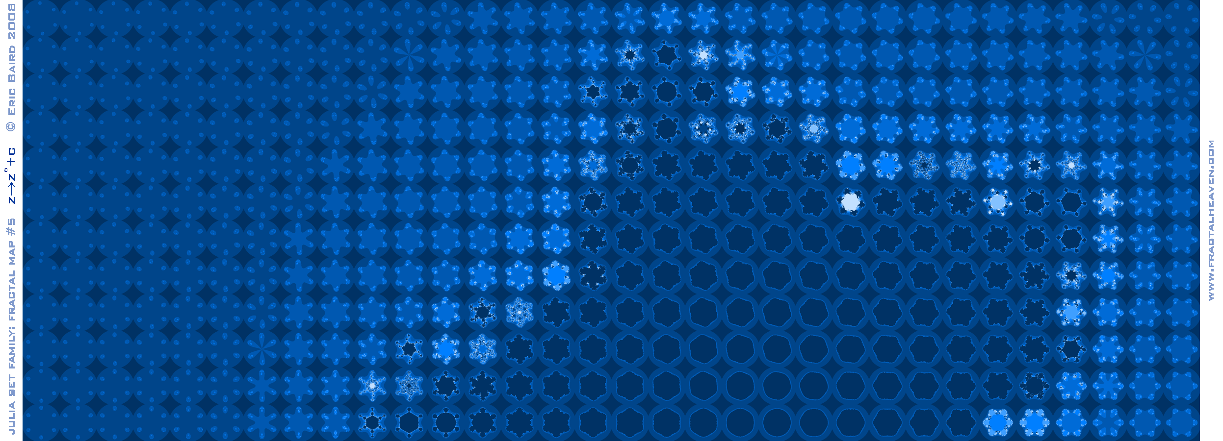 table-array of Julia Set fractal images, for z raised to the sixth power, in blue