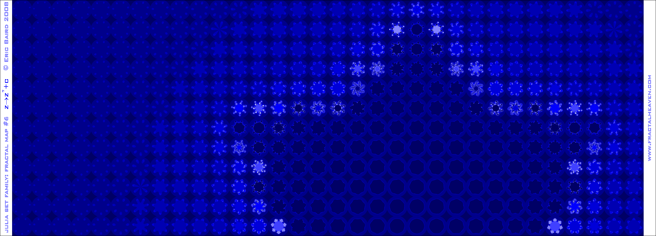table-array of Julia Set fractal images, for z raised to the seventh power, in deep blue